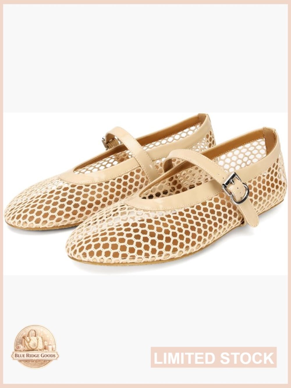 Beige Mesh Mary Jane Flats with Buckle Strap